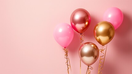 Composition of pink and gold helium balloons with sparkles and confetti. Holiday decoration. Balloons for birthdays, weddings, graduations