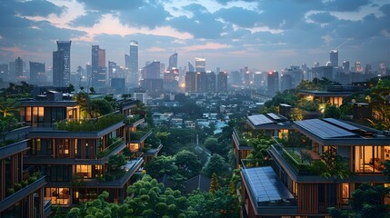 Obraz premium Futuristic Skyline of a Sustainable City at Dusk with Solar Panels and Green Rooftops