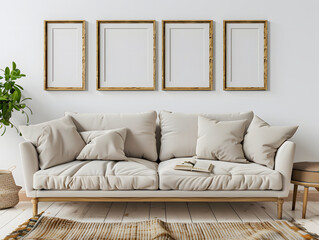 Fototapeta premium Interior room with sofa and gallery frames mockup