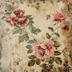 Vintage floral wallpaper with grunge texture overlay. Decorative art, high-quality wallpaper, background.