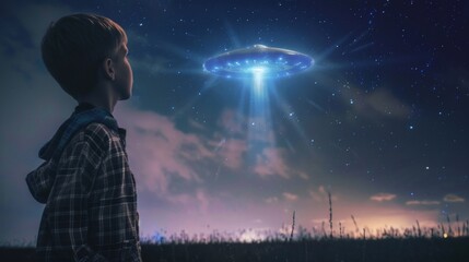 Fototapeta premium A young boy sees a glowing UFO in the dark, magical starry landscape, feeling astonishment, curiosity, and wonder