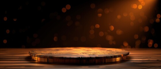 Obraz premium A rustic wooden platform sits in the warm glow of golden bokeh lights against a dark background