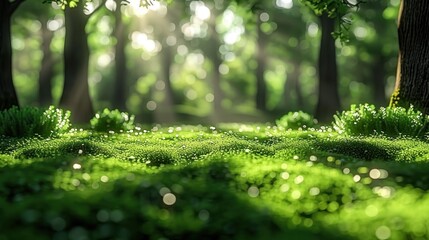 A close-up view of soft green moss on a forest floor, illuminated by dappled sunlight