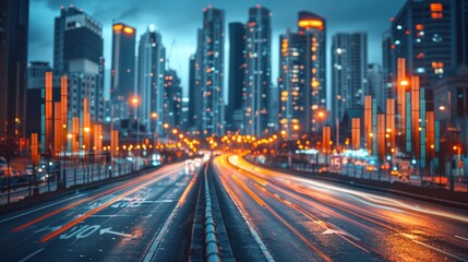 Fototapeta premium A long exposure photograph of a highway lit up at night, with the cityscape in the background