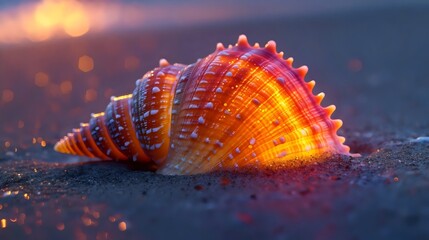 A shell is on the sand with a bright orange color