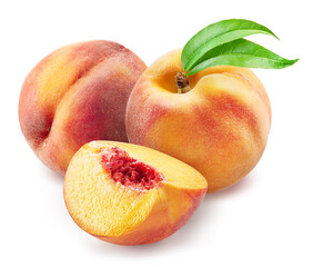 Two ripe peaches with leaves and peach slice on white background. File contains clipping path.