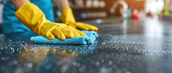 A close-up image of a persons gloved hands wiping a clean kitchen counter