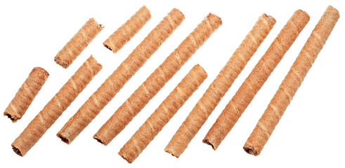 Set of chocolate waffle rolls isolated on white background.  File contains clipping paths.