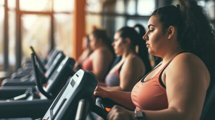 Fototapeta premium diet fat women on fitness gym, fitness, exercising, fit, athletic, lifestyle, training, workout, sportswear, body, health, strength, healthy, weight loss