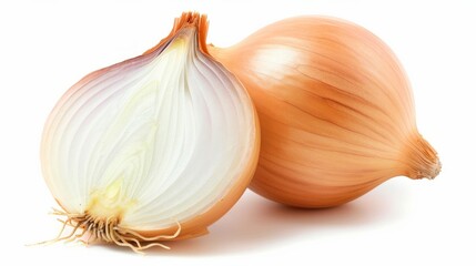Whole and sliced onion bulbs isolated on white background