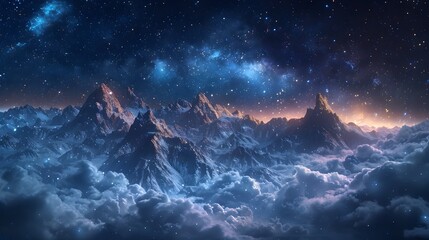 Fototapeta premium Mesmerizing Aerial View of Starry Night Over Majestic Snow Capped Mountains