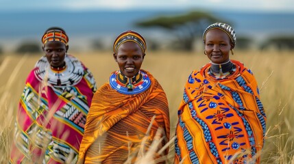 Fototapeta premium Three women wearing colorful clothing stand in a field