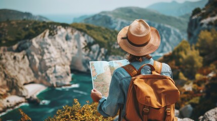 A woman is standing on a cliff with a map in her hand and a backpack on her back