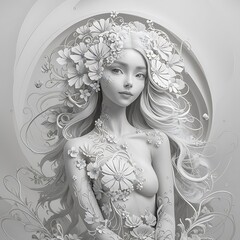 Black and White Beautiful Line Art Floral Woman