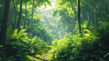 Fototapeta premium Enchanting Lush Green Forest Landscape with Sunlit Pathway