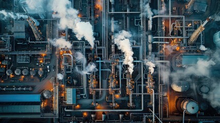 Aerial view of a sprawling industrial complex with smoke stack