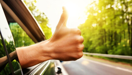 Close-up of a male hand giving thumbs up from car window with green trees and sunlight on background. Positive emotion, road trip, adventure and summer travel concept. Generative Ai.