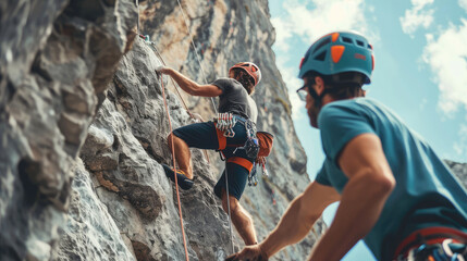 Obraz premium Climber ascending a multi-pitch route with a partner belaying below