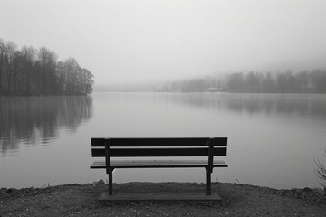 Obraz premium AI generated illustration of a bench overlooking a foggy lake in grayscale