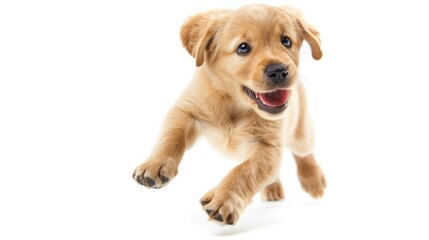 Playful Golden Retriever Puppy Leaping Against White Background