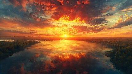 Obraz premium Stunning Aerial Perspective of a Sunset over a Calm Lake with Intricate Brushwork and Depth