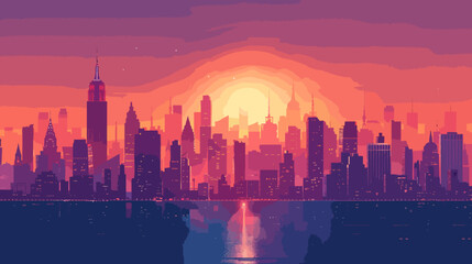 Fototapeta premium Vibrant Sunset Over New York City Skyline Reflecting in Hudson River, Colorful Urban Landscape Illustration