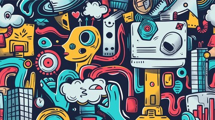 AI doodle featuring technology-related items vector illustration