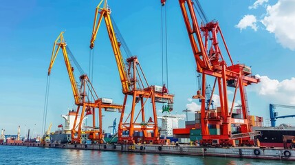 Industrial cranes unloading cargo at a busy port
