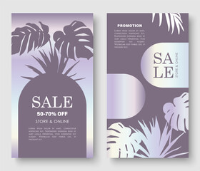 Set of luxury metal sale banner with monstera leaves background. Vertical template layout. For online shopping, cosmetic. Mobile App, Vector illustration.