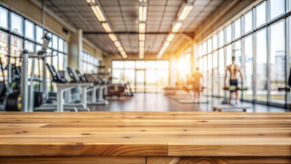 Empty clean wood tabletop with blur gym fitness center background. bright tone