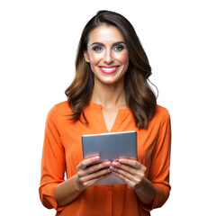 Fototapeta premium Smiling woman in orange shirt holding a tablet on transparent background