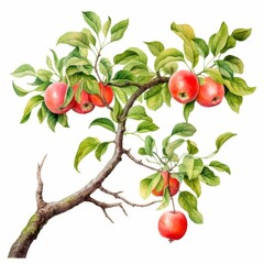 Watercolor clipart of apple tree branch, laden with ripe fruit, a symbol of organic abundance, in the style of hyper-realistic illustration