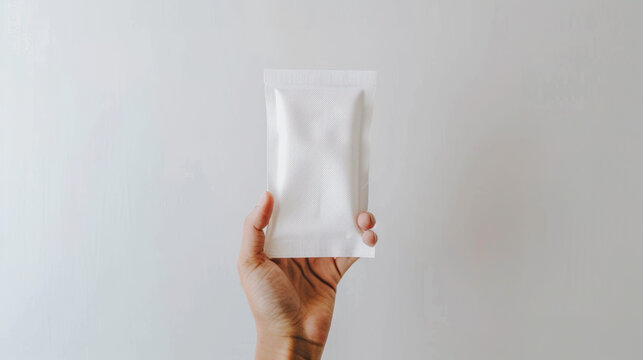 main tenant un sachet, pochette d'emballage vierge personnalisable sur un fond blanc