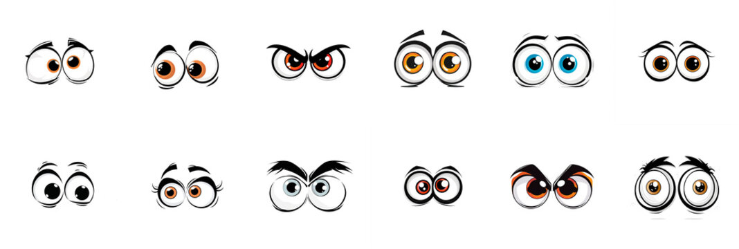 Ensemble de paires d&rsquo;&oelig;il de dessins anim&eacute;s. En col&egrave;re, riant, souriant, surpris, effray&eacute; et autres expressions. Illustration