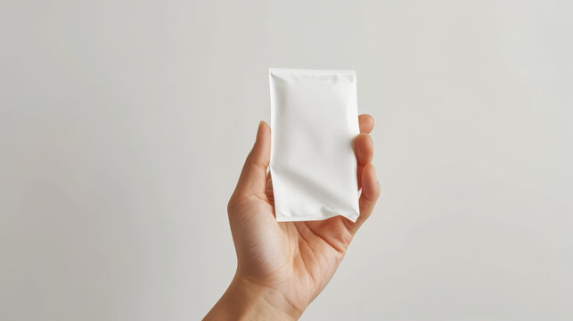main tenant un sachet, pochette d'emballage vierge personnalisable sur un fond blanc