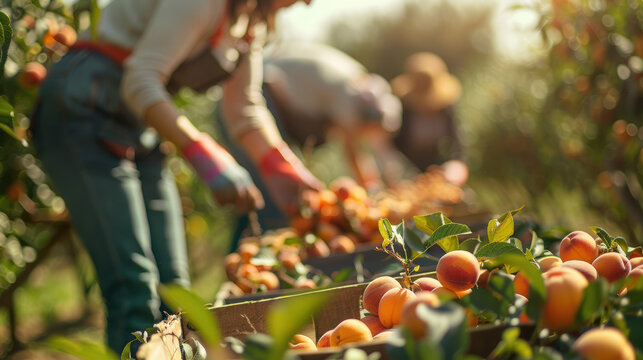 caisse d'abricots dans un verger au moment de la r&eacute;colte