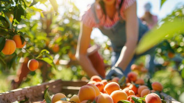 caisse d'abricots dans un verger au moment de la r&eacute;colte