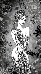 Fototapeta premium Black and White Beautiful Line Art Floral Woman