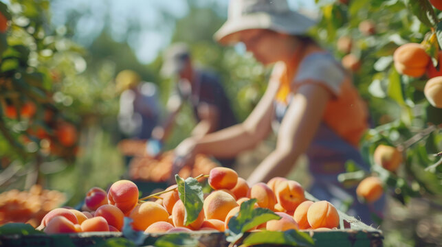 caisse d'abricots dans un verger au moment de la r&eacute;colte