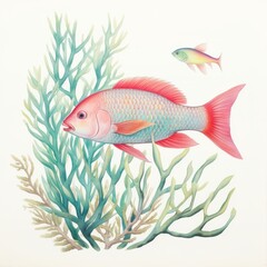 Fototapeta premium Colorful watercolor fish amongst coral reef illustration clipart