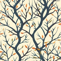 A seamless pattern of stylized trees with colorful buds on a light yellow background, evoking a sense of spring and renewal.