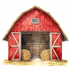 A watercolor painting of a spacious red barn with doors open, revealing stacked hay bales, ready for the harvest season.