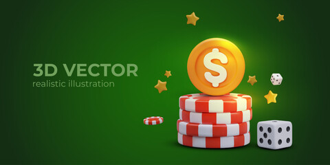 Concept of online casino. Buy red chips, win game. Poster with green background