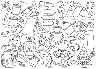 Cute hiking camping doodle set in drawing style.