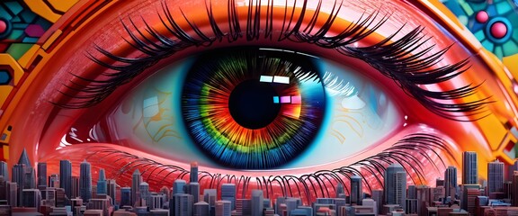 Futuristic digital cityscape, vibrant psychedelic, 3D trippy eye over cityscape. Generative AI