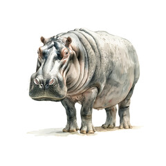 Obraz premium Watercolor illustration of a large hippopotamus on white background