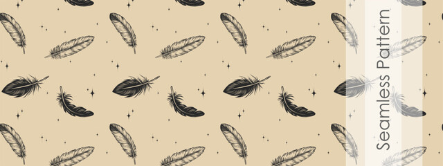 Monochrome Seamless Pattern with Black Fluffy Feathers on Background. Design Template for Wall Paper, Textile, web background. Vector engraving sketch style.