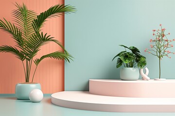 Obraz premium Studio with tropical tree, plant, pink podium, and light blue backdrop with hint of pink.