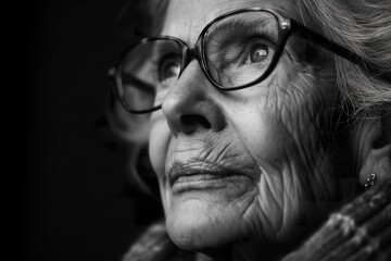 A black and white portrait of an older woman wearing glasses, looking upwards with a thoughtful expression.