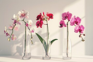 Three orchid stems each placed in transparent glass vases against a solid white background